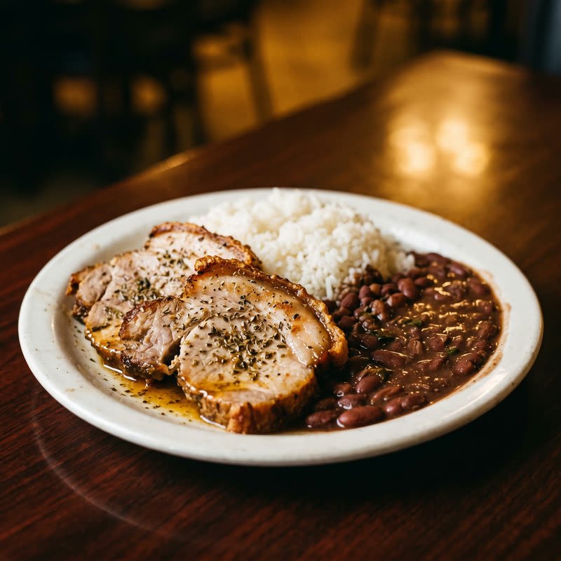 Cerdo en lonjas con arroz y habichuelas