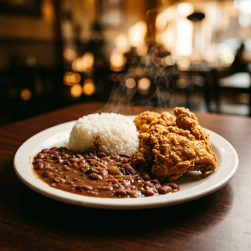 Chicharrón de pollo con arroz y habichuelas