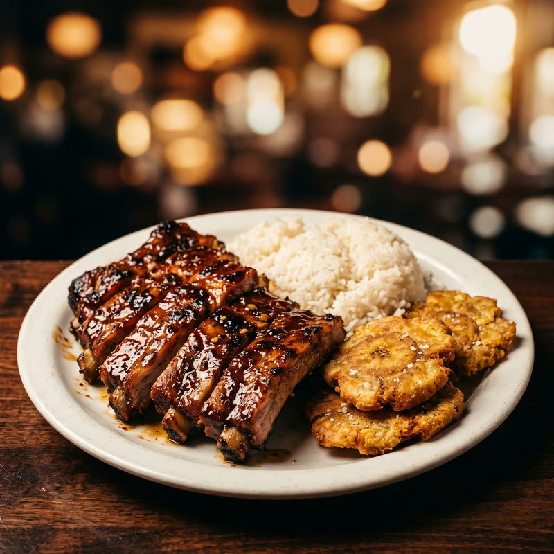 Costillitas a la BBQ con arroz y tostones